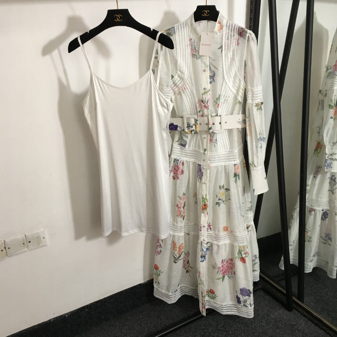 Zim** Linen colorful flower print Pearl button collar waist long sleeve dress with belt and suspender lining, white