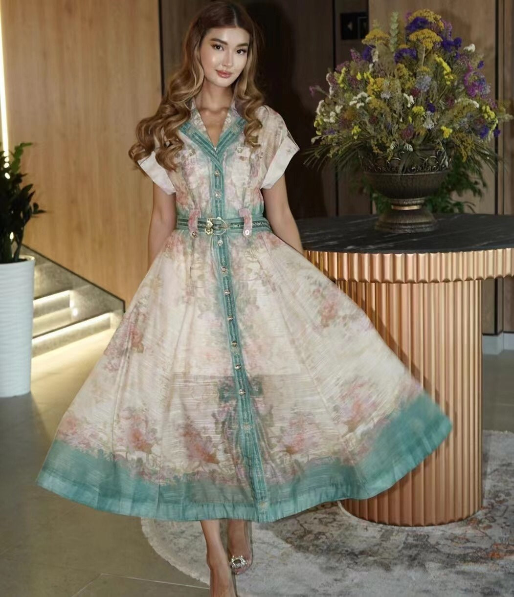 Zim** printed lapel waist short-sleeved dress with belt and suspender lining, green,