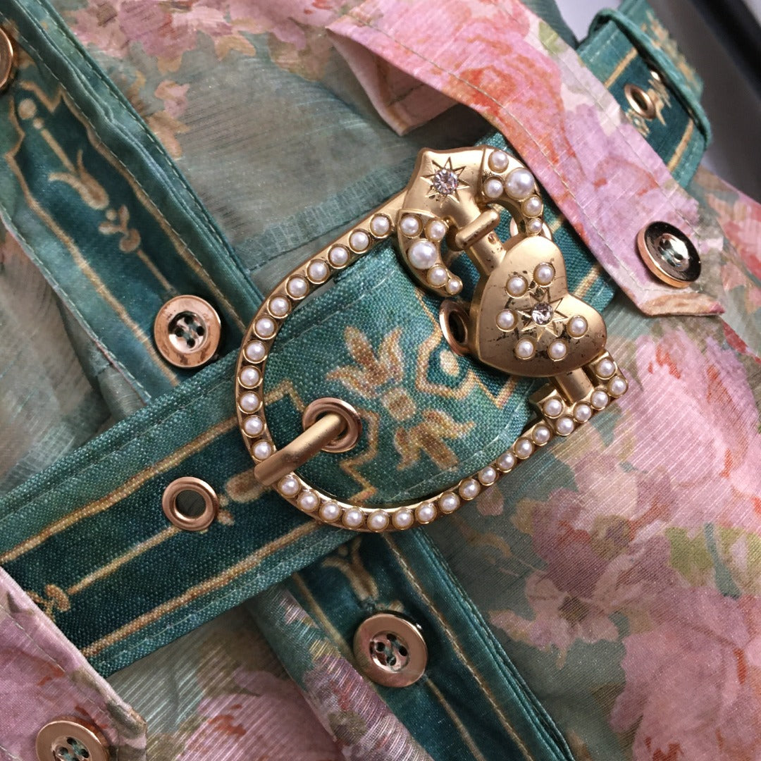 Zim** printed lapel waist short-sleeved dress with belt and suspender lining, green,