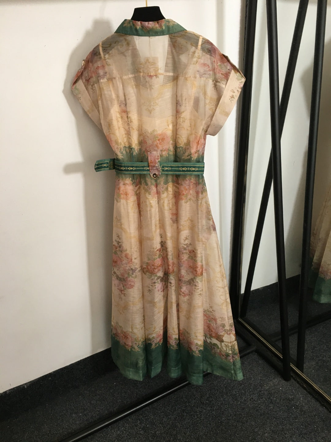 Zim** printed lapel waist short-sleeved dress with belt and suspender lining, green,