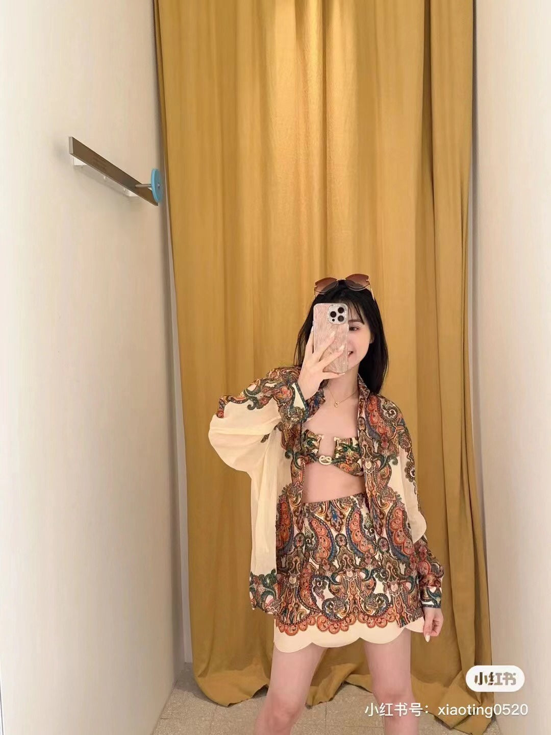 Zim** new suit, retro pattern printed long-sleeved shirt + wavy short skirt,