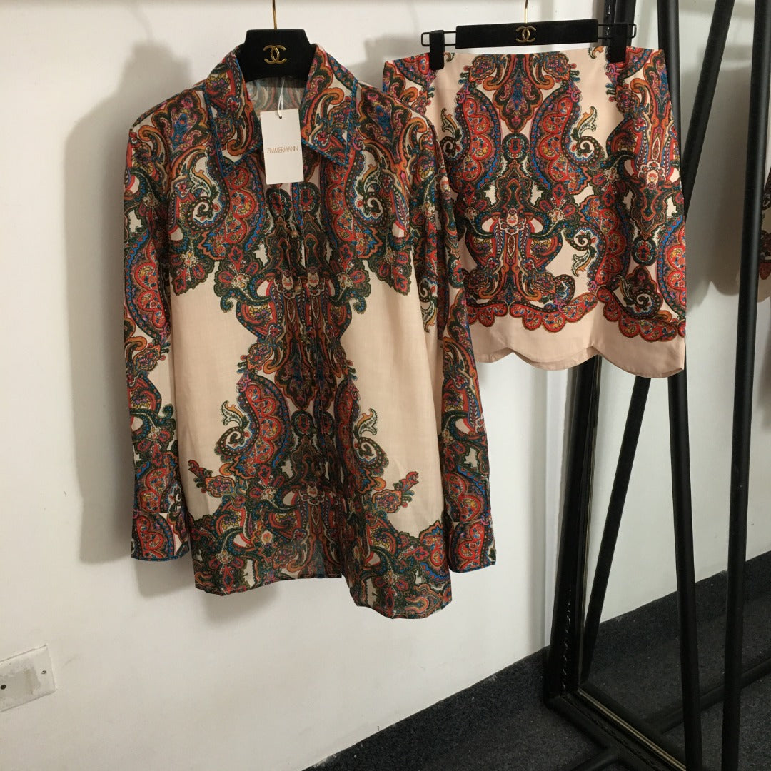 Zim** new suit, retro pattern printed long-sleeved shirt + wavy short skirt,