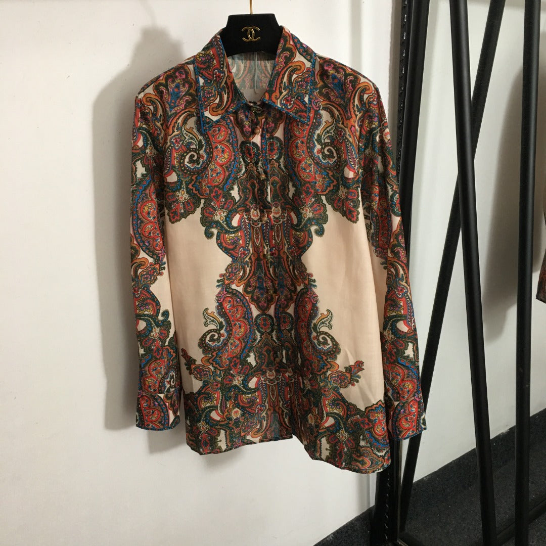 Zim** new suit, retro pattern printed long-sleeved shirt + wavy short skirt,