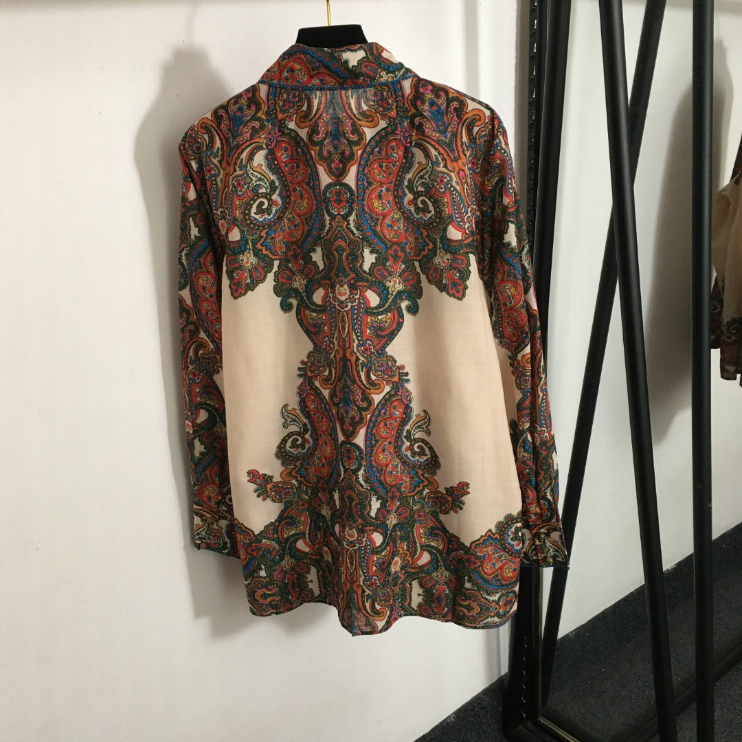 Zim** new suit, retro pattern printed long-sleeved shirt + wavy short skirt,