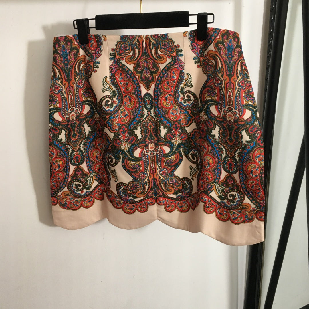 Zim** new suit, retro pattern printed long-sleeved shirt + wavy short skirt,