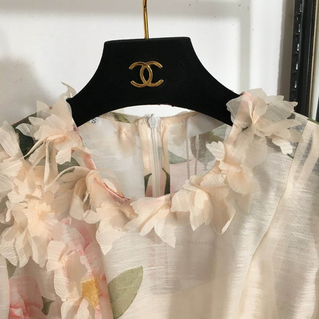 Zim** new three-dimensional flower decoration pink flower print tie waist short sleeve dress