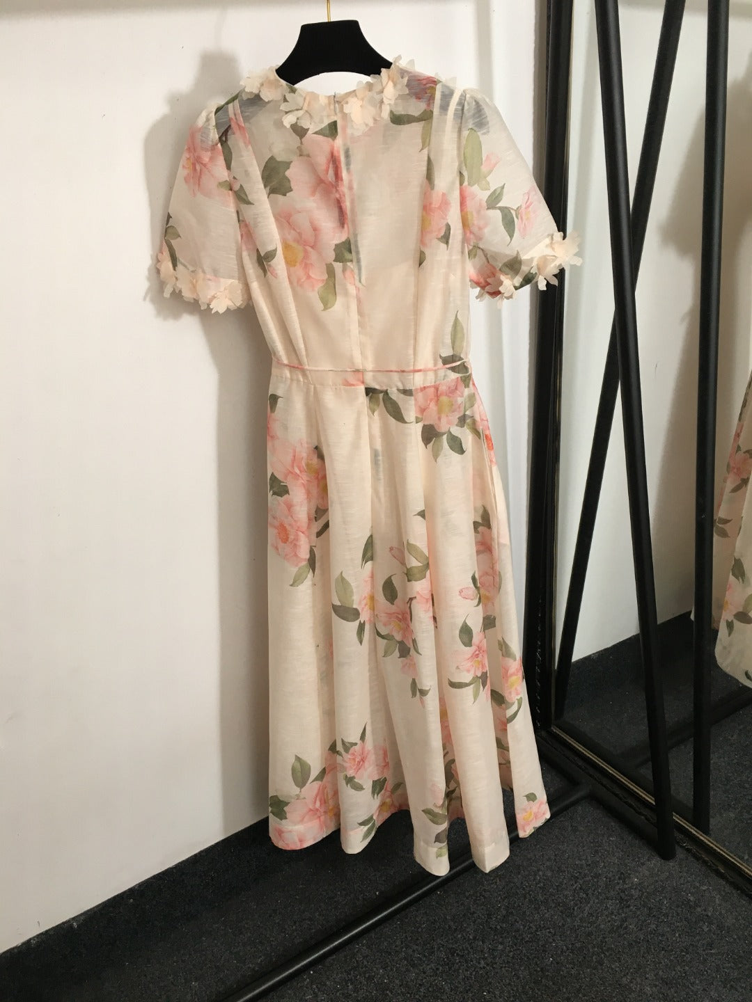 Zim** new three-dimensional flower decoration pink flower print tie waist short sleeve dress