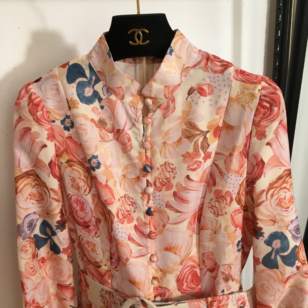 Zimmermann's newest rose flower print long-sleeved dress with belt, pink