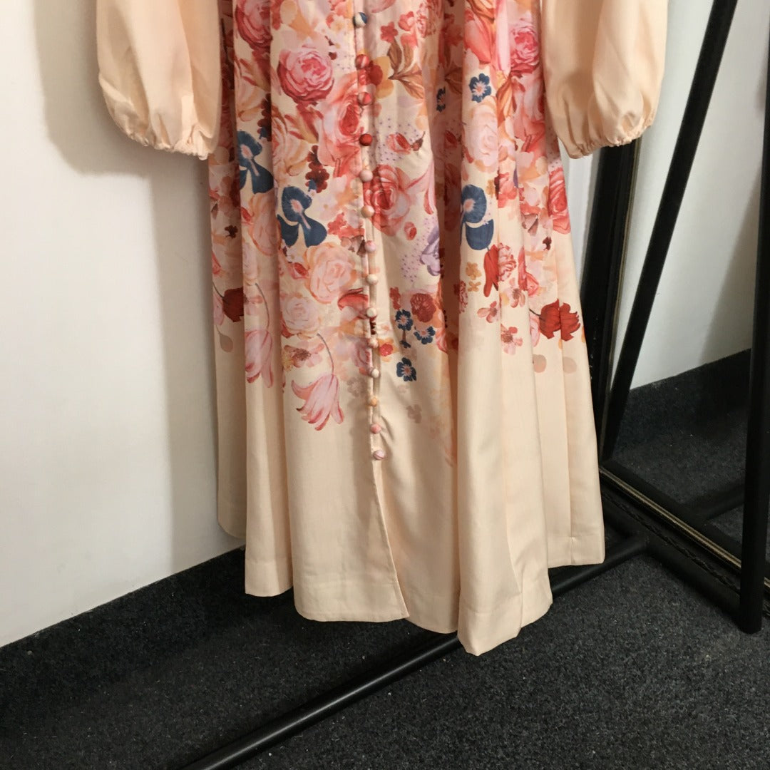 Zimmermann's newest rose flower print long-sleeved dress with belt, pink