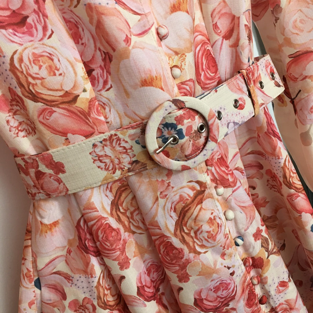 Zimmermann's newest rose flower print long-sleeved dress with belt, pink