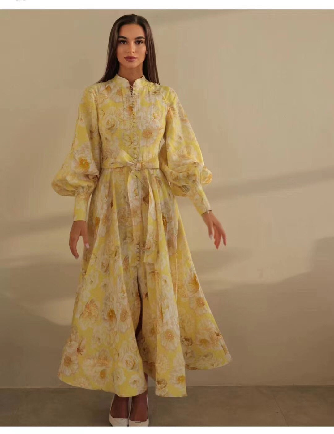 Zimmermann's newest floral print tie waist lantern long sleeve dress long skirt with suspender lining, yellow