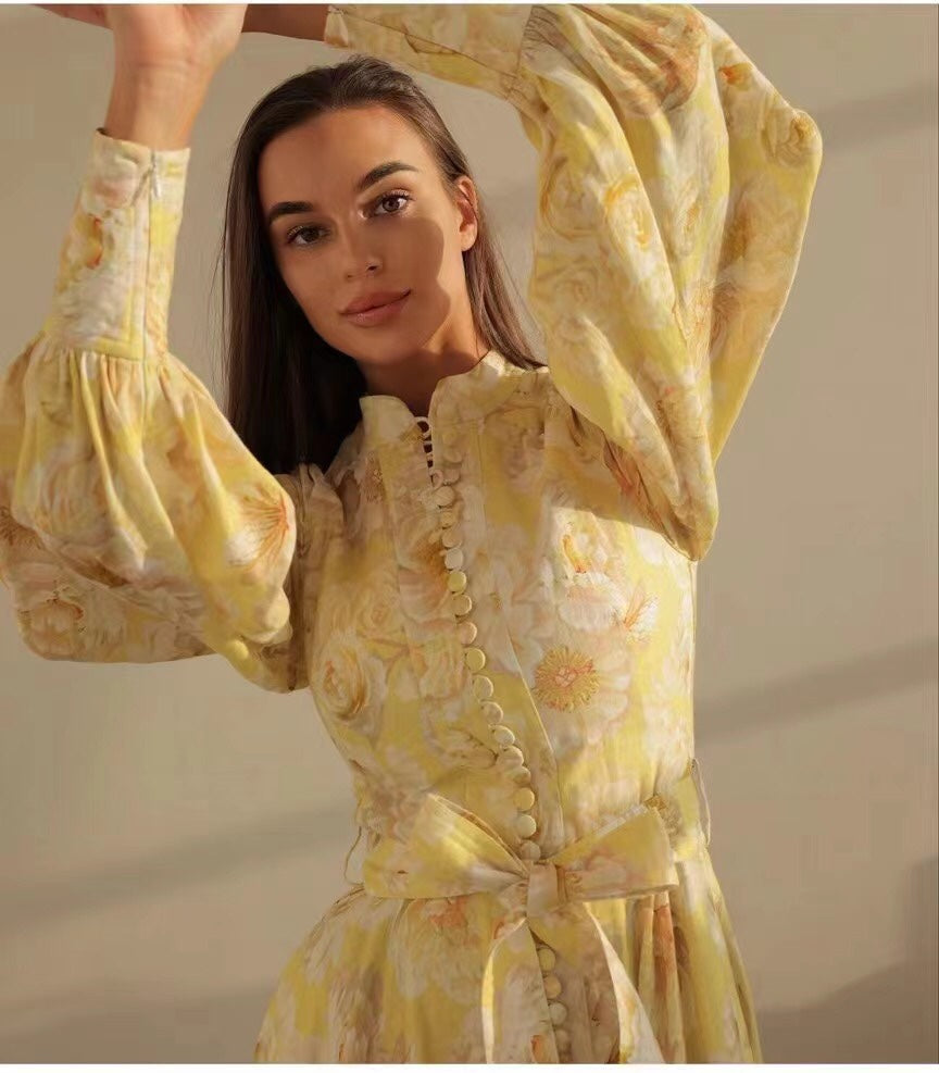 Zimmermann's newest floral print tie waist lantern long sleeve dress long skirt with suspender lining, yellow