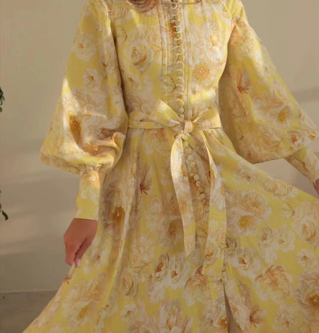 Zimmermann's newest floral print tie waist lantern long sleeve dress long skirt with suspender lining, yellow