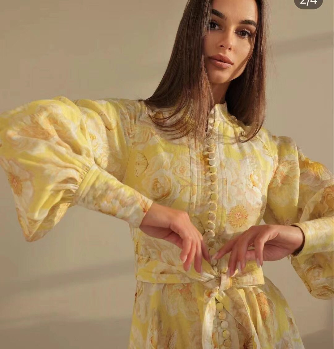 Zimmermann's newest floral print tie waist lantern long sleeve dress long skirt with suspender lining, yellow