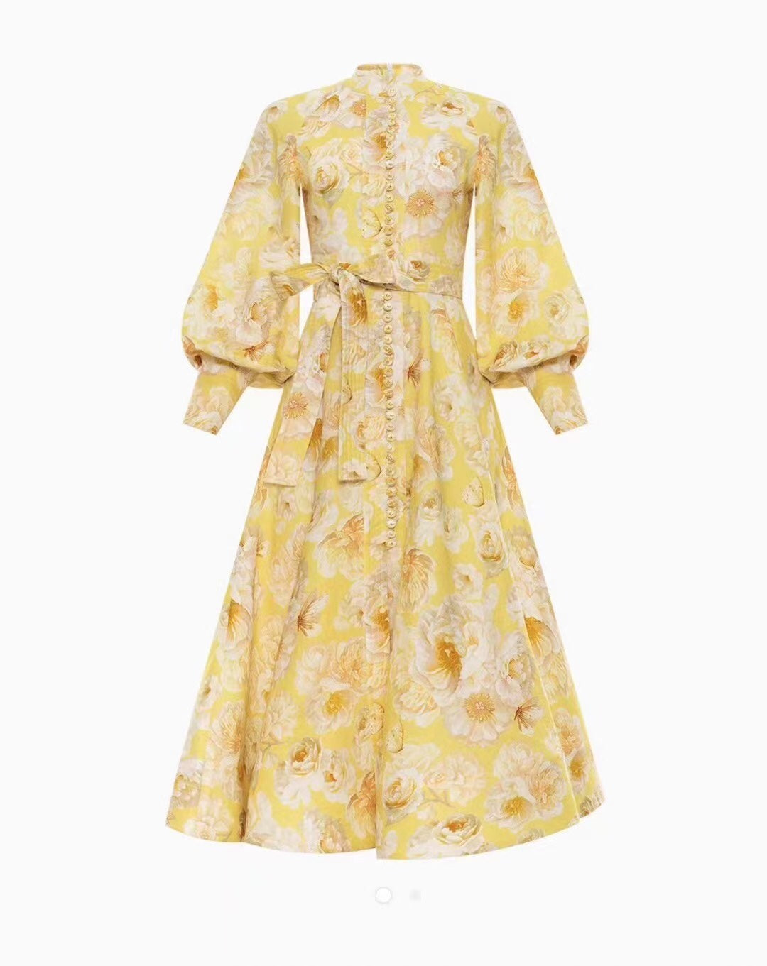 Zimmermann's newest floral print tie waist lantern long sleeve dress long skirt with suspender lining, yellow