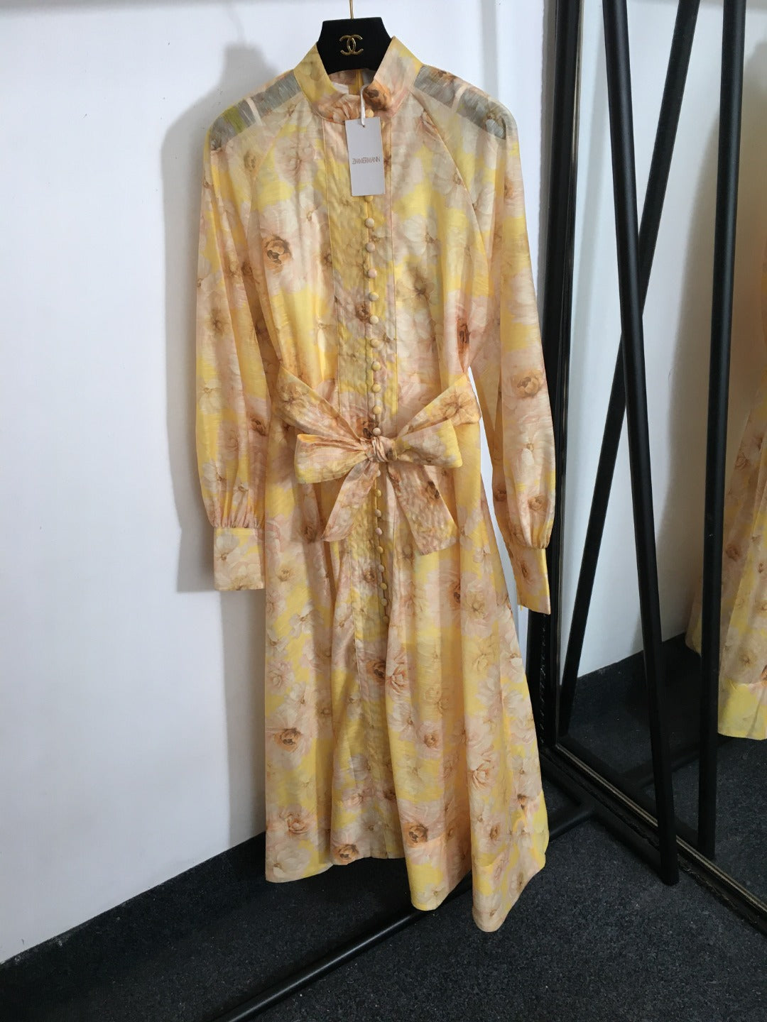Zimmermann's newest floral print tie waist lantern long sleeve dress long skirt with suspender lining, yellow