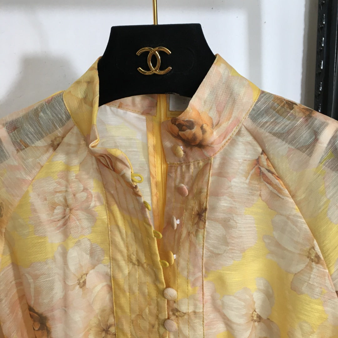 Zimmermann's newest floral print tie waist lantern long sleeve dress long skirt with suspender lining, yellow