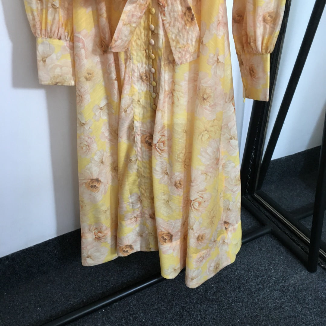 Zimmermann's newest floral print tie waist lantern long sleeve dress long skirt with suspender lining, yellow