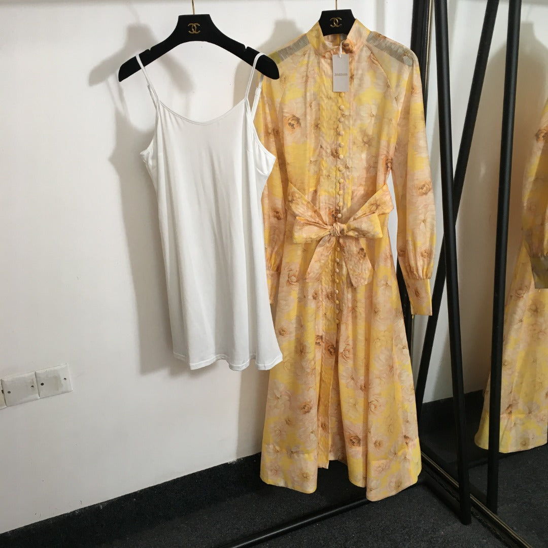Zimmermann's newest floral print tie waist lantern long sleeve dress long skirt with suspender lining, yellow