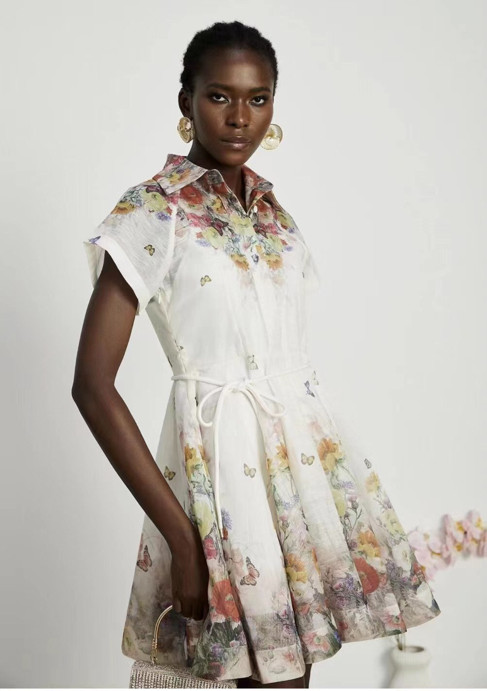 Zimmerma** new style colorful flower print tie waist lapel short sleeve dress