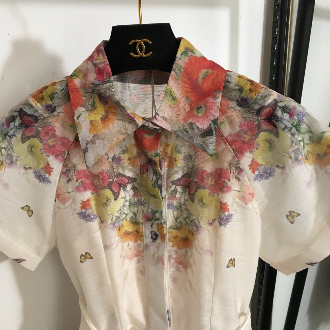 Zimmerma** new style colorful flower print tie waist lapel short sleeve dress