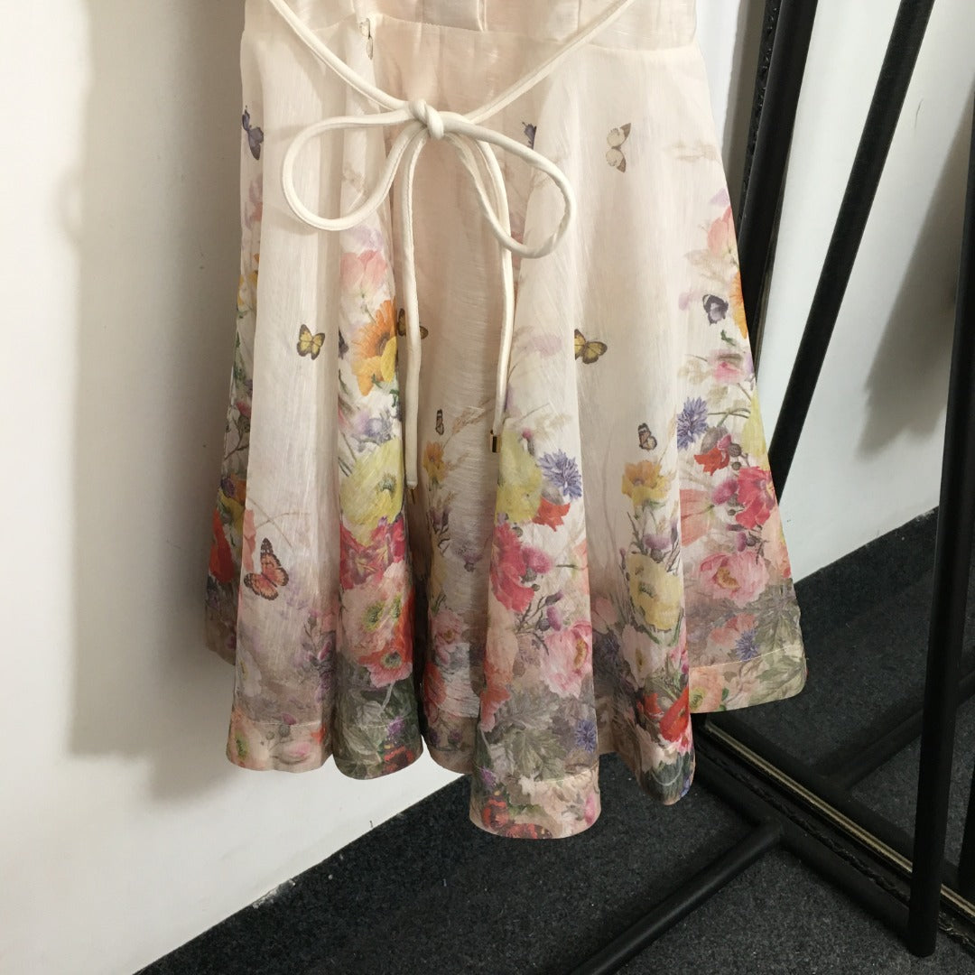 Zimmerma** new style colorful flower print tie waist lapel short sleeve dress