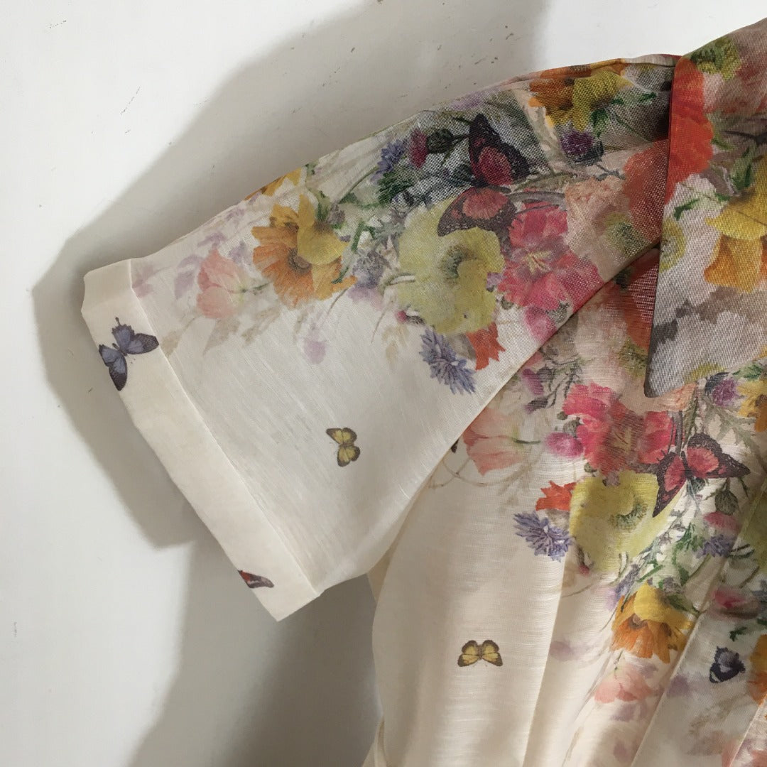 Zimmerma** new style colorful flower print tie waist lapel short sleeve dress