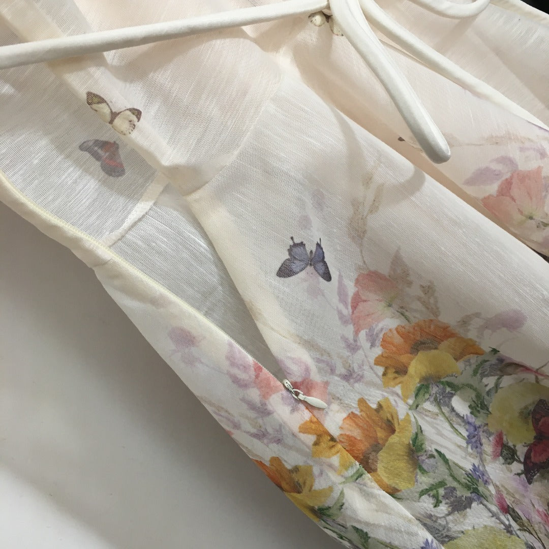 Zimmerma** new style colorful flower print tie waist lapel short sleeve dress