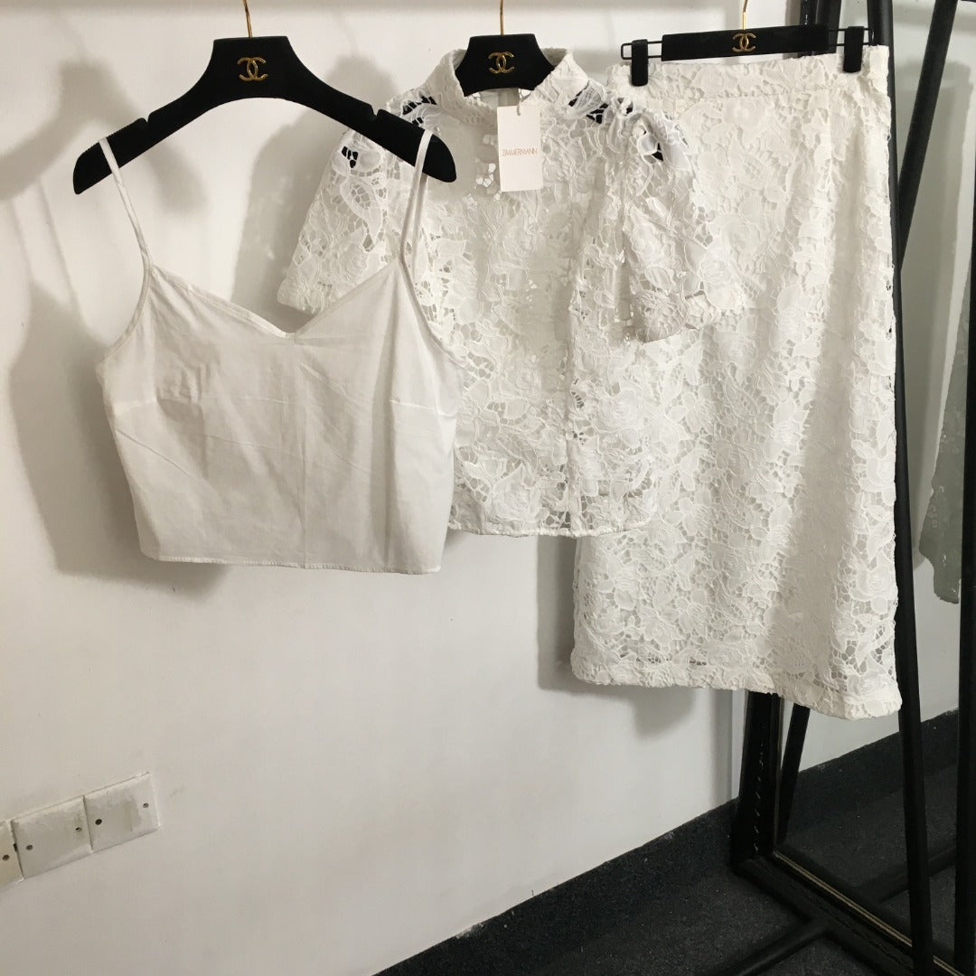 ZIM****-New style suit, lace hollow slim short-sleeved top + elegant lace skirt, with suspender lining