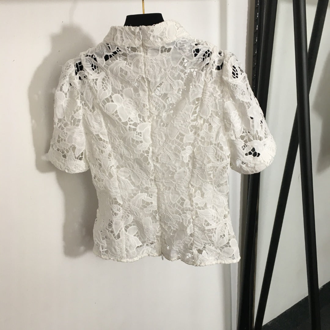 ZIM****-New style suit, lace hollow slim short-sleeved top + elegant lace skirt, with suspender lining