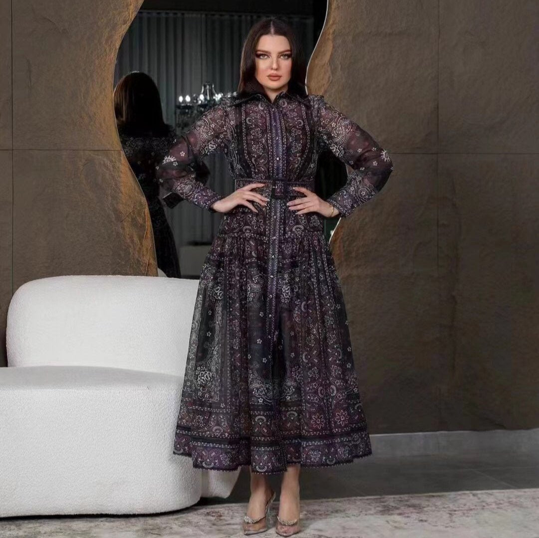 ZIM****-New suit, retro pattern linen print, lapel waist long sleeve dress, long skirt, with belt, suspender lining