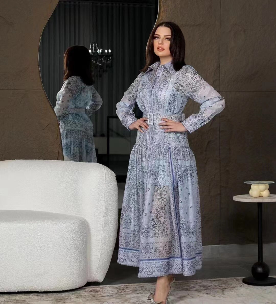 ZIM****-New suit, retro pattern linen print, lapel waist long sleeve dress, long skirt, with belt, suspender lining