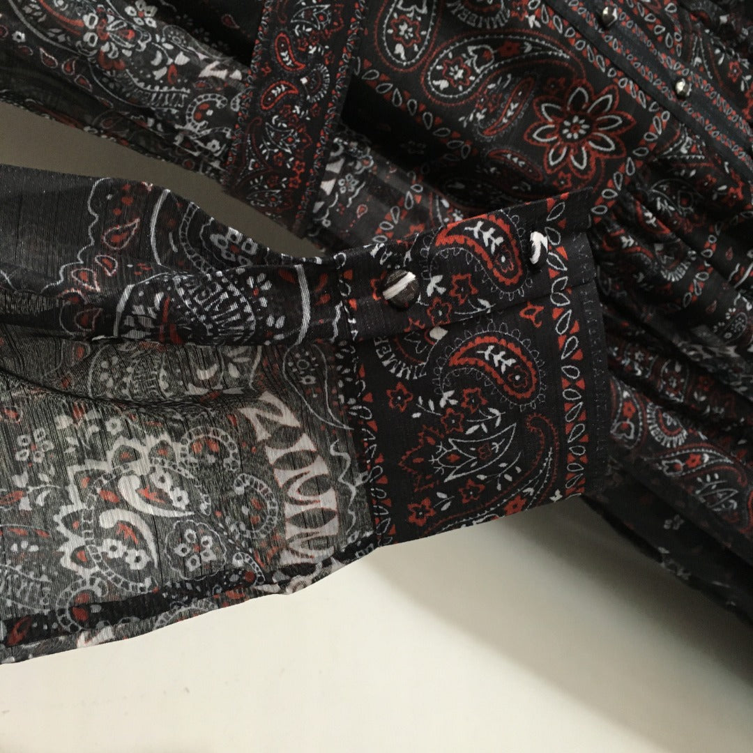 ZIM****-New suit, retro pattern linen print, lapel waist long sleeve dress, long skirt, with belt, suspender lining