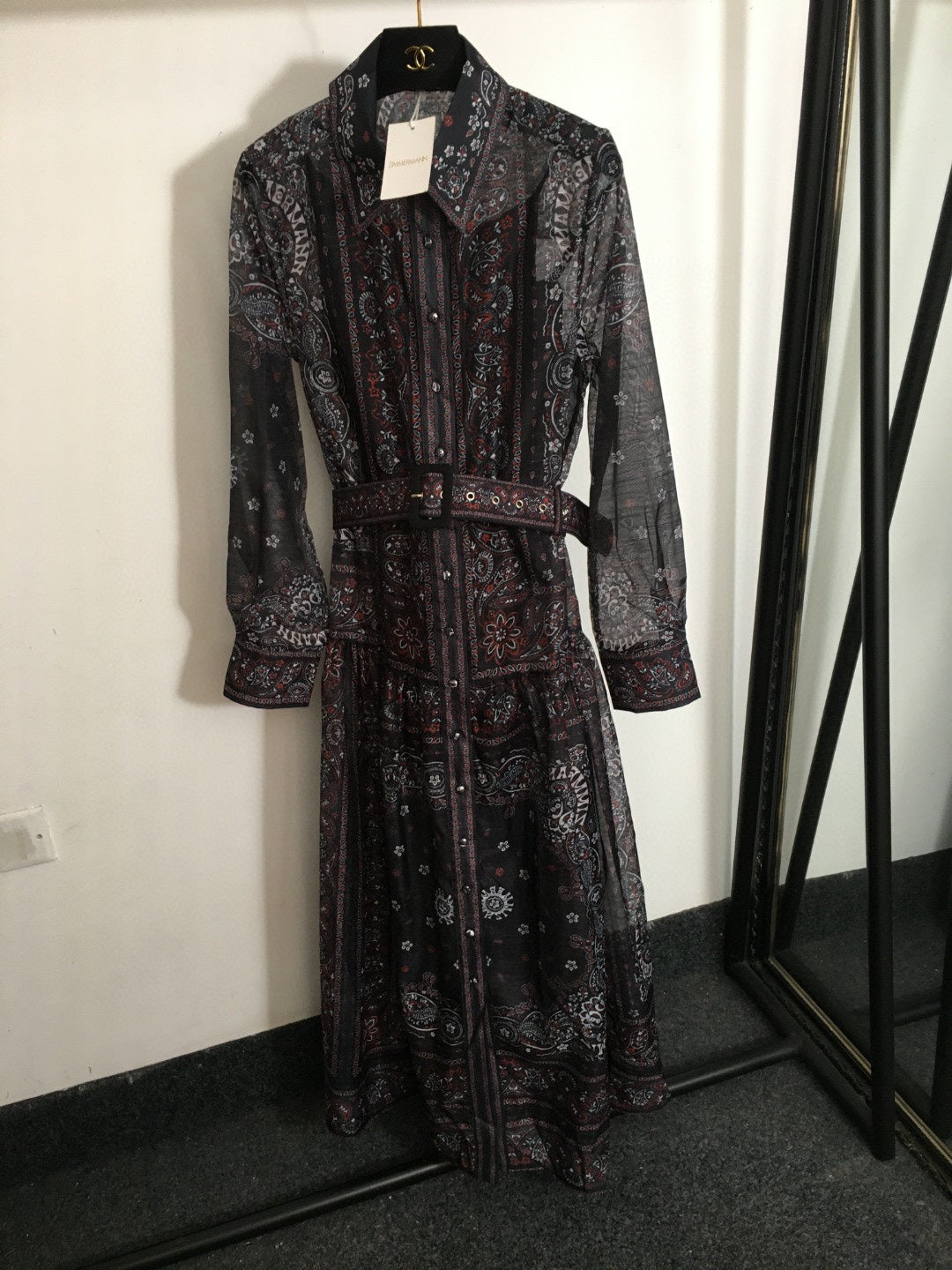 ZIM****-New suit, retro pattern linen print, lapel waist long sleeve dress, long skirt, with belt, suspender lining