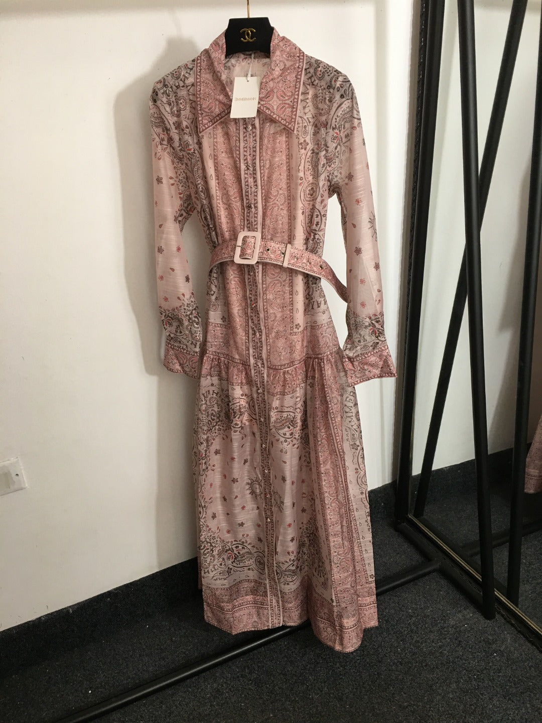 ZIM****-New suit, retro pattern linen print, lapel waist long sleeve dress, long skirt, with belt, suspender lining