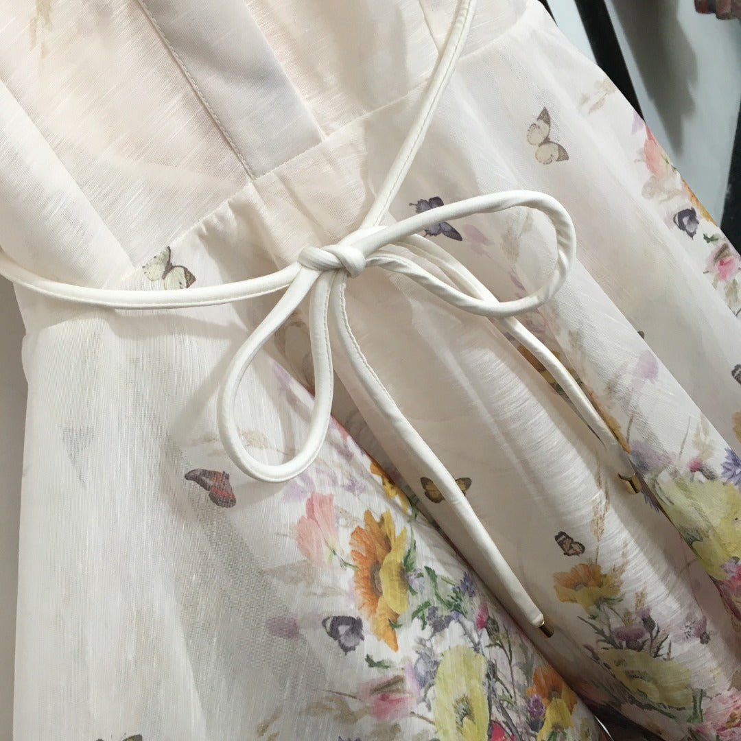 ZIM****-New Style Colorful Flower Print Lace-up Waist Lapel Short Sleeve Dress with Suspender Lining