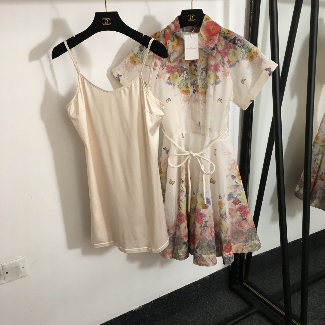 ZIM****-New Style Colorful Flower Print Lace-up Waist Lapel Short Sleeve Dress with Suspender Lining