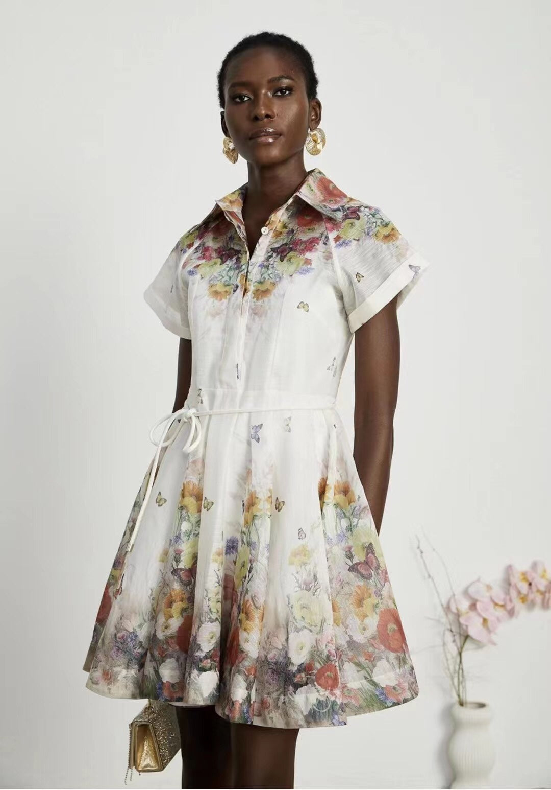 ZIM****-New Style Colorful Flower Print Lace-up Waist Lapel Short Sleeve Dress with Suspender Lining