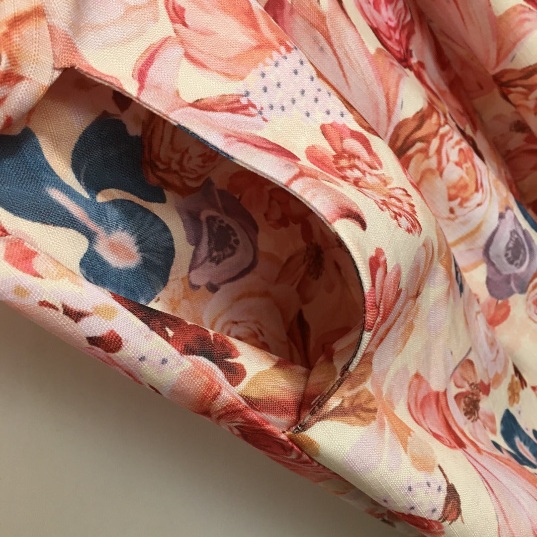 ZIM****-Rose flower print lantern long-sleeved dress with belt, pink