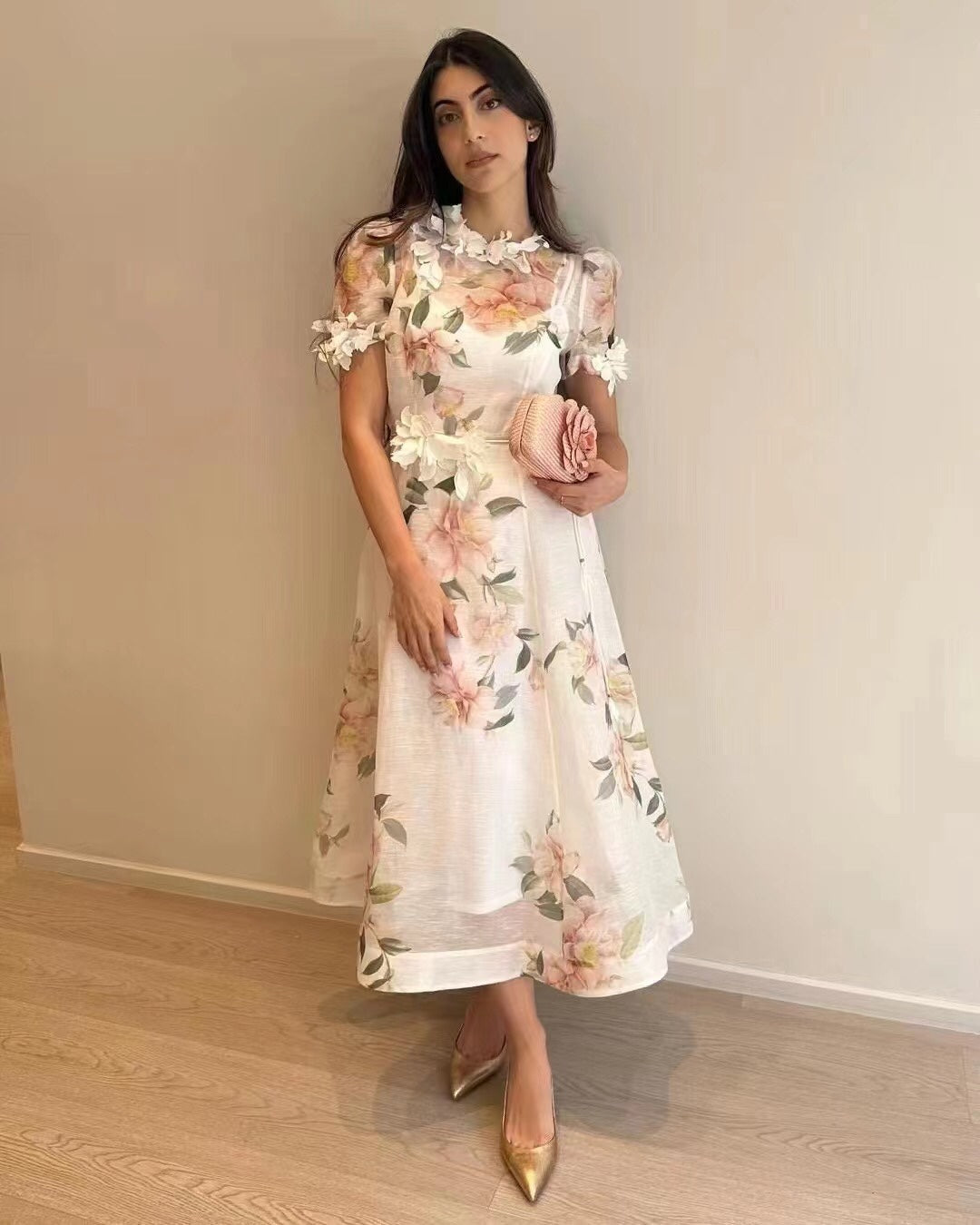 ZIM****-Three-dimensional flower decoration, pink flower print, short-sleeved dress with tie waist