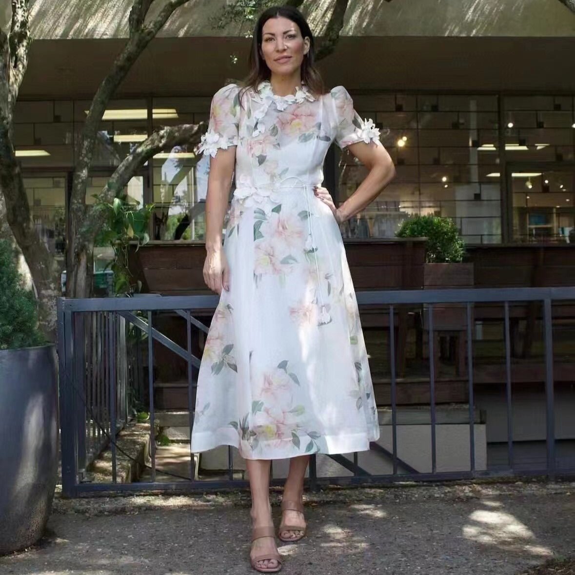 ZIM****-Three-dimensional flower decoration, pink flower print, short-sleeved dress with tie waist