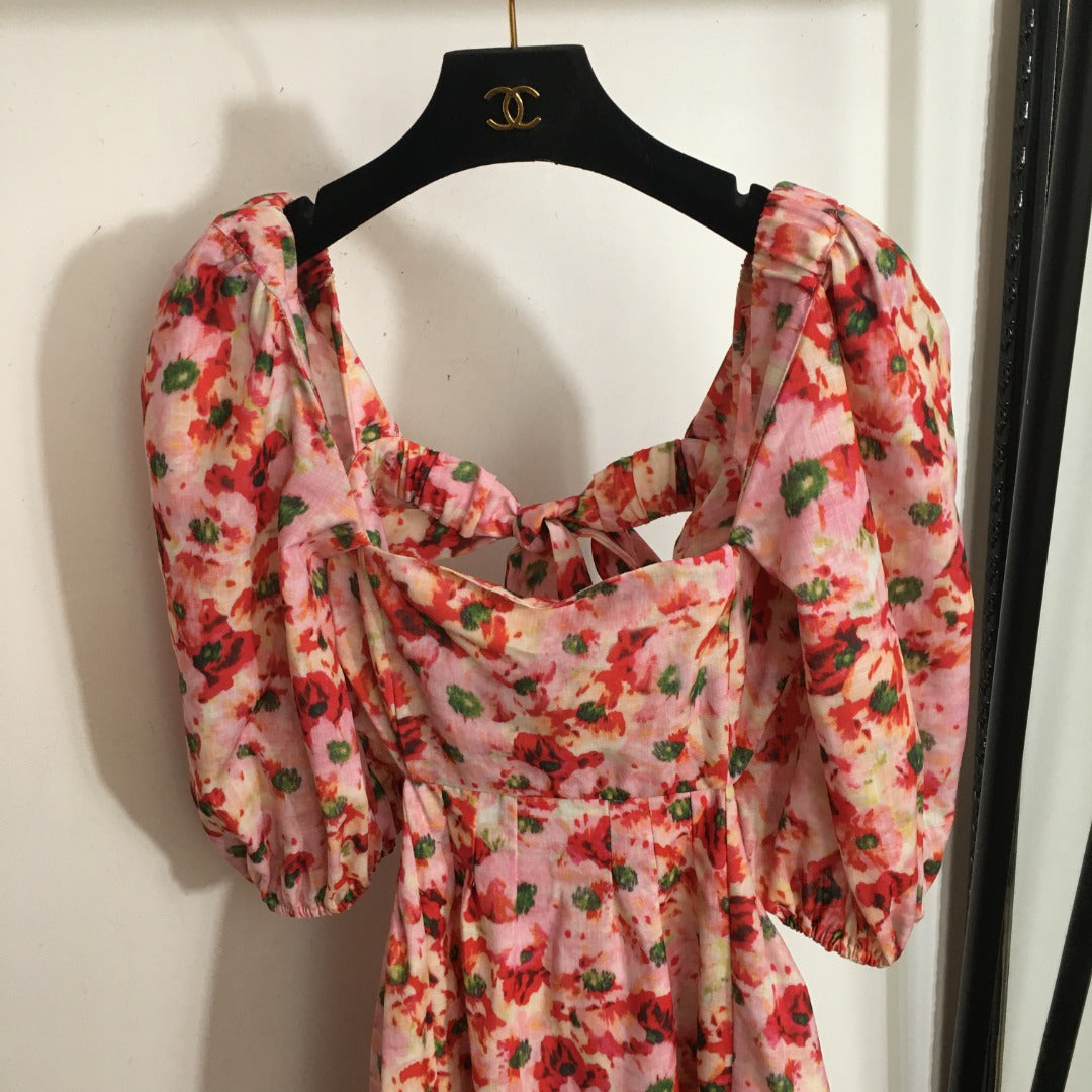 ZIM****-New Elegant Temperament Small Floral Bowknot Backless Waist Slimming Bubble Short Sleeve Dress