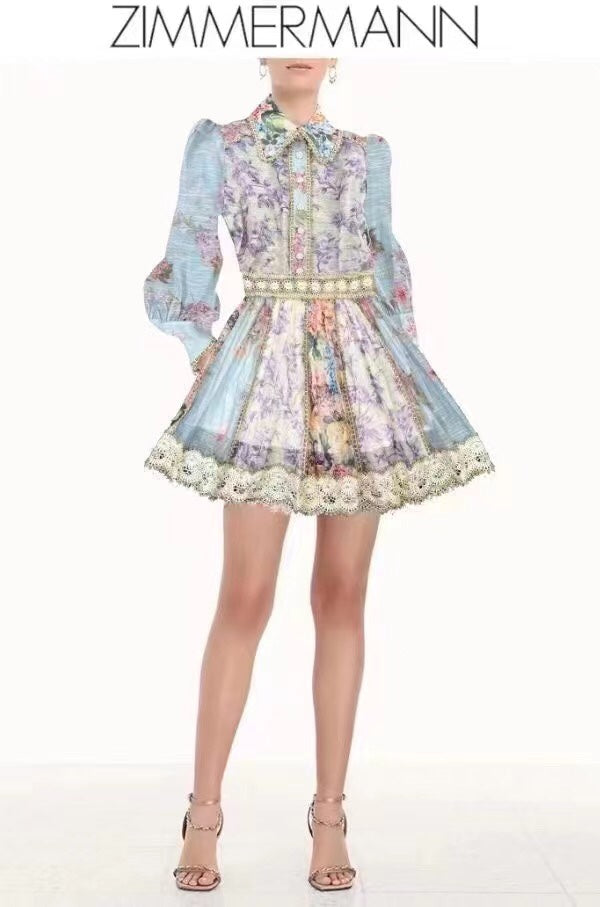 ZIM****-New suit, diamond button lace lapel long-sleeved shirt + lace short skirt