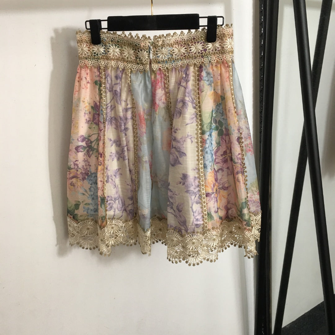 ZIM****-New suit, diamond button lace lapel long-sleeved shirt + lace short skirt