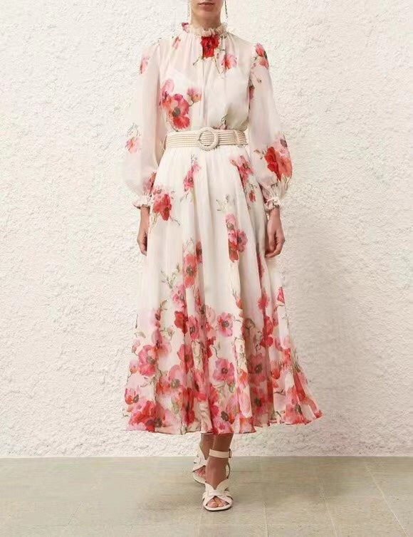 ZIM****-style suit, temperament big red flower multi-print bubble long-sleeved shirt top + high waist slim skirt, with belt