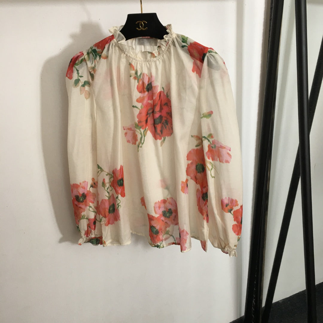 ZIM****-style suit, temperament big red flower multi-print bubble long-sleeved shirt top + high waist slim skirt, with belt
