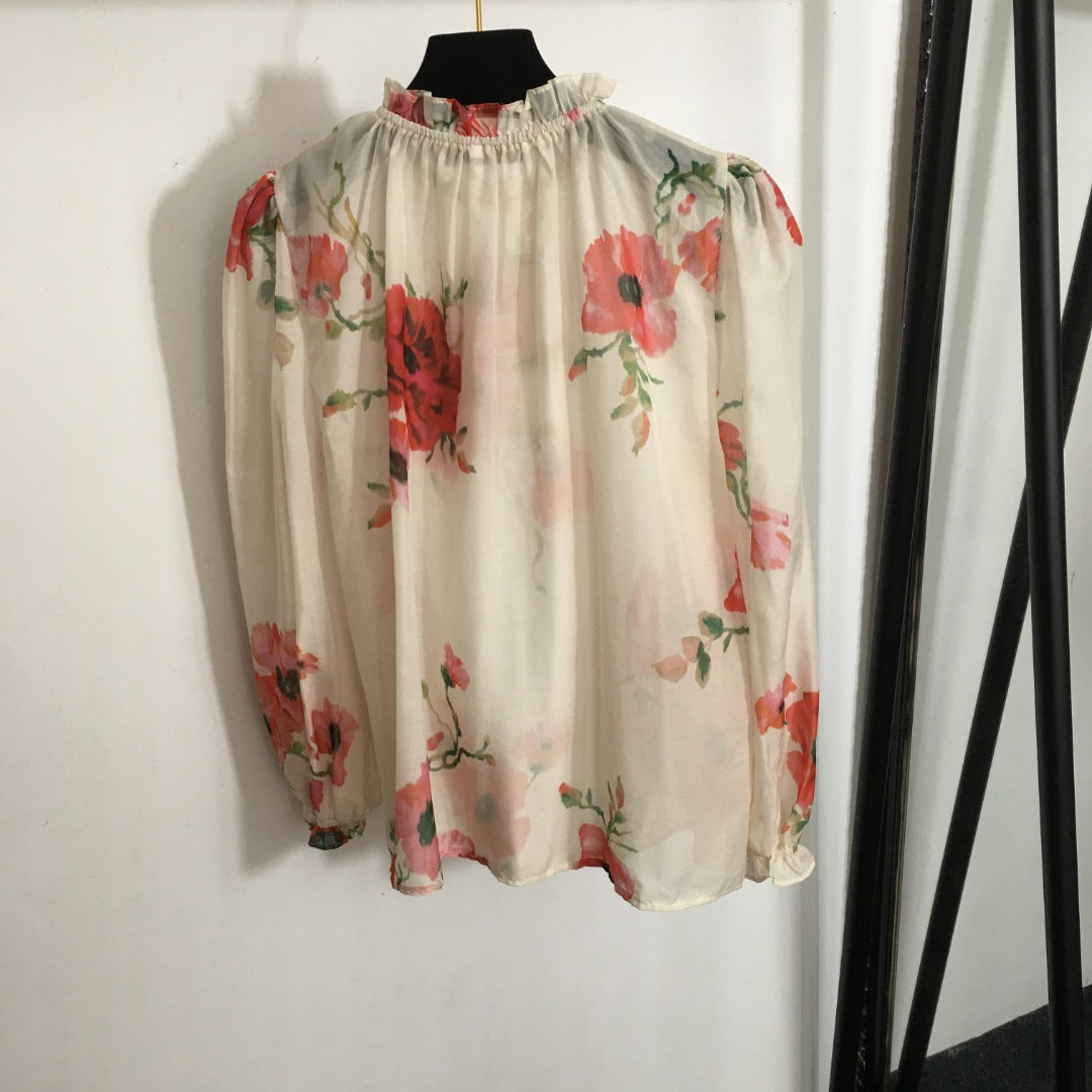 ZIM****-style suit, temperament big red flower multi-print bubble long-sleeved shirt top + high waist slim skirt, with belt