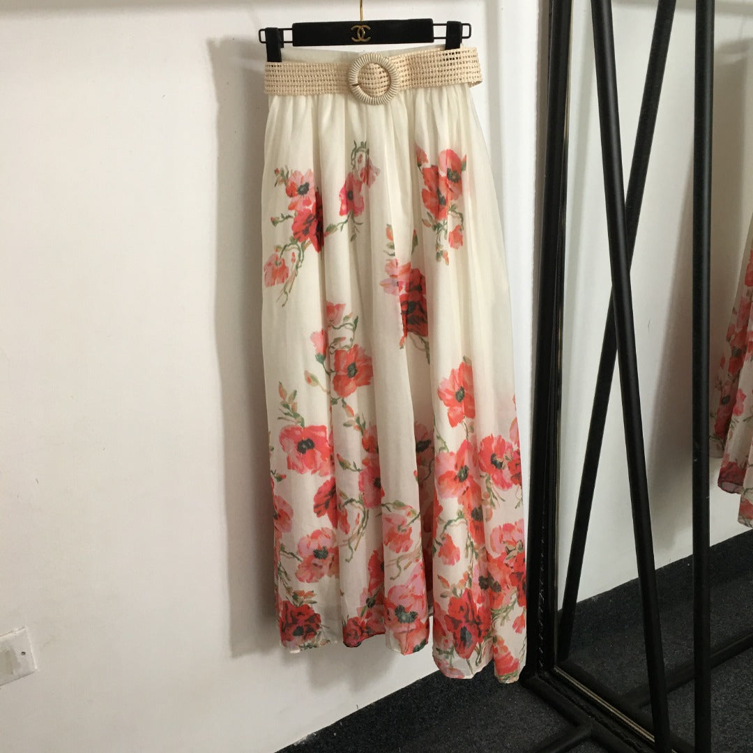 ZIM****-style suit, temperament big red flower multi-print bubble long-sleeved shirt top + high waist slim skirt, with belt