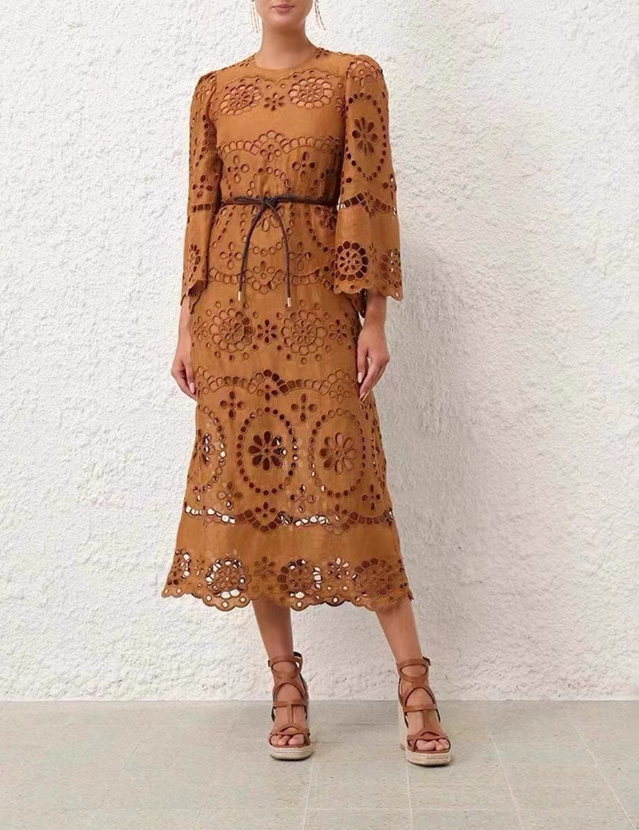 ZIM**** New hollow embroidered flower tie waist long-sleeved dress, coffee color, with suspender lining