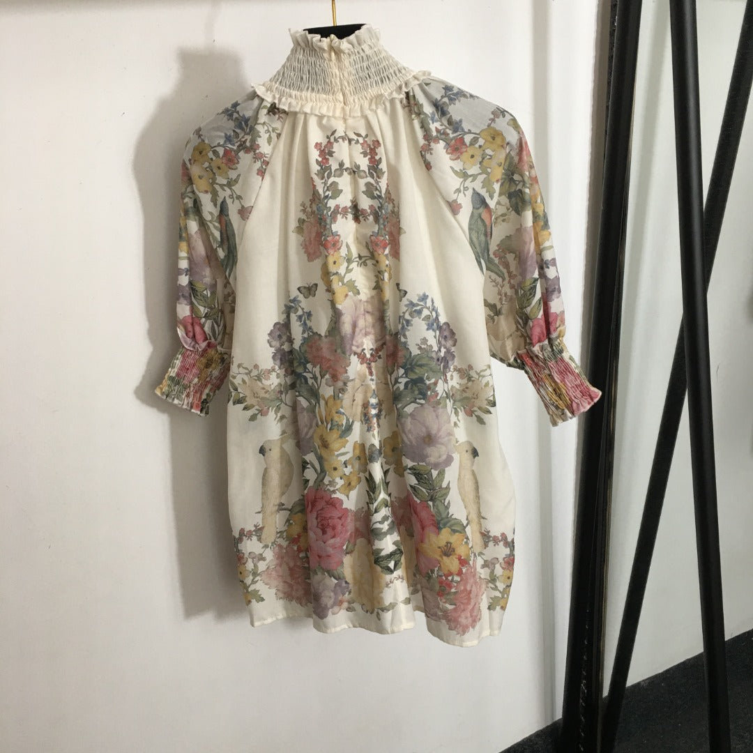 ZIM**** Linen colorful flower print lantern short-sleeved high-necked top + shorts with belt